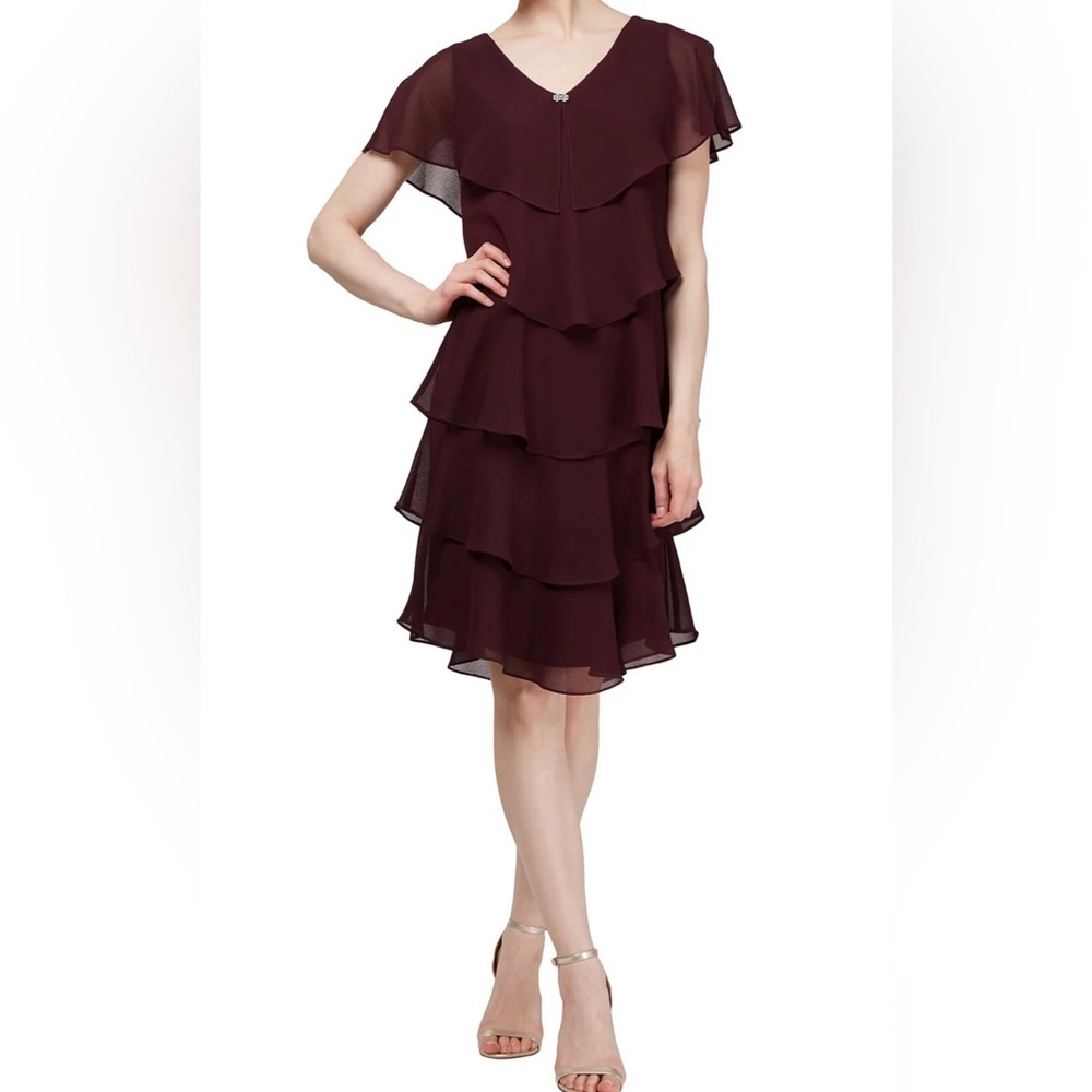 Women Formal Dress Sz 16, 18 SLNY Burgundy Tier Short Sheer Caped overlay Flowy